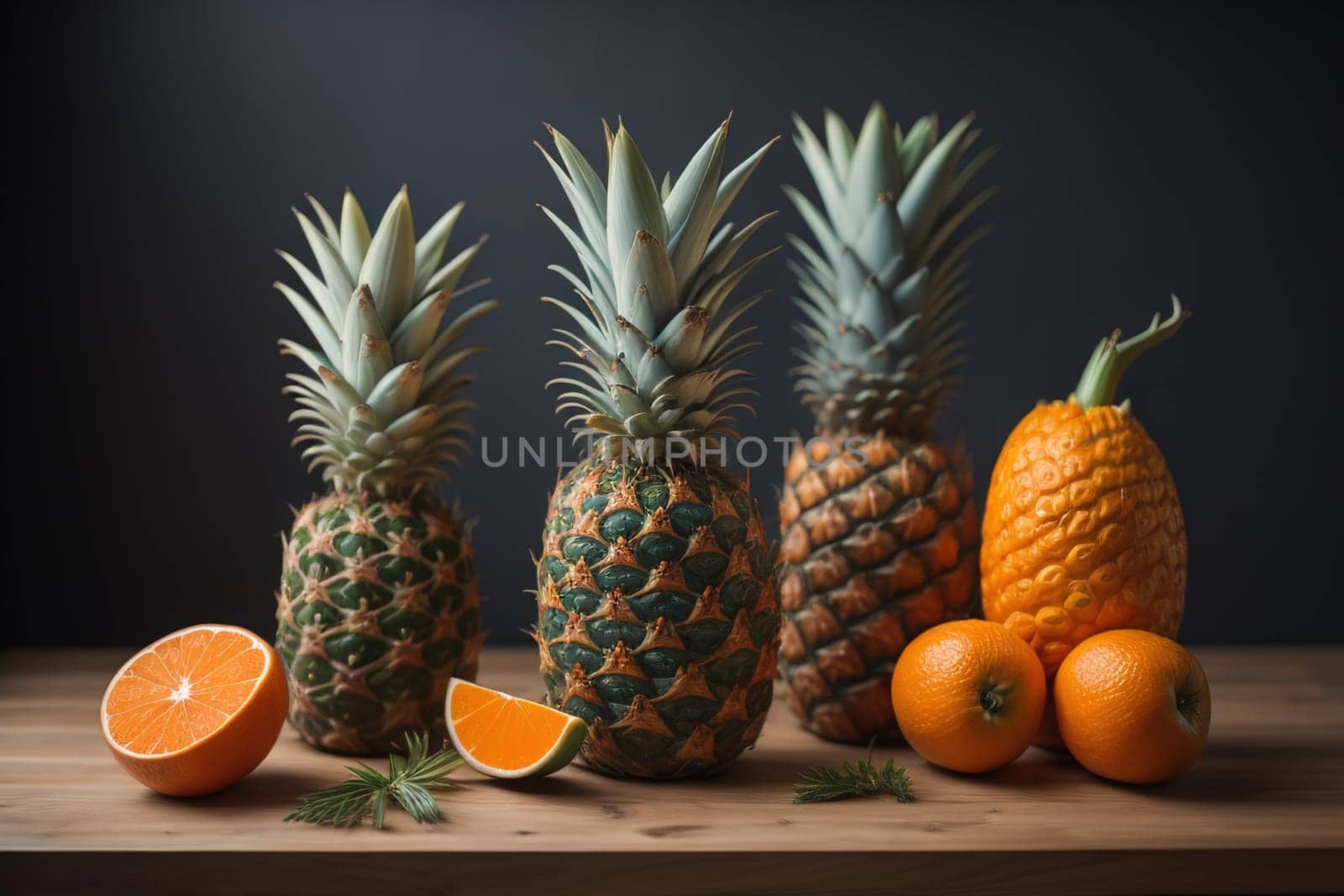 Pineapples on a wooden background. ai generative