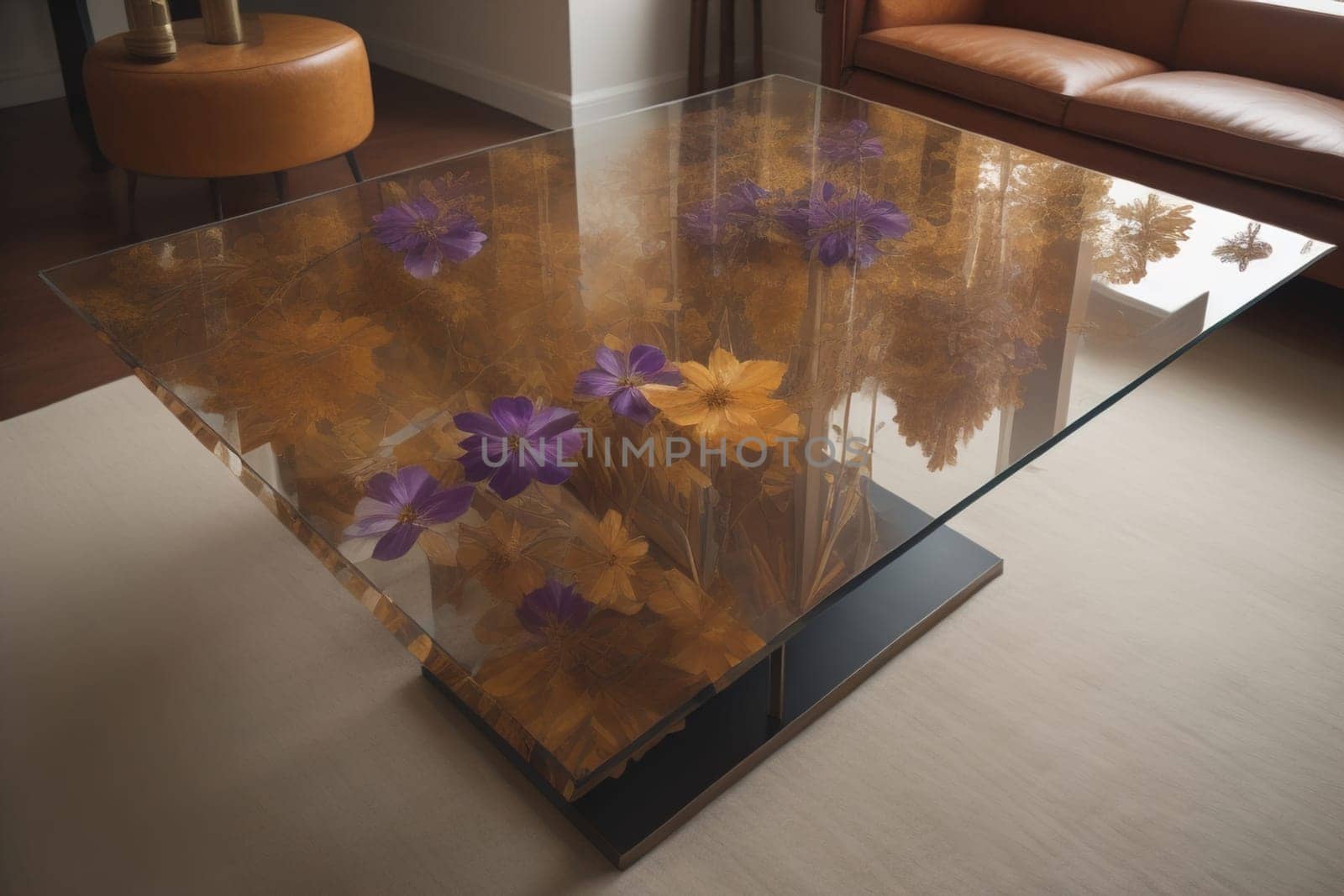 a glass table in a room. ai generative