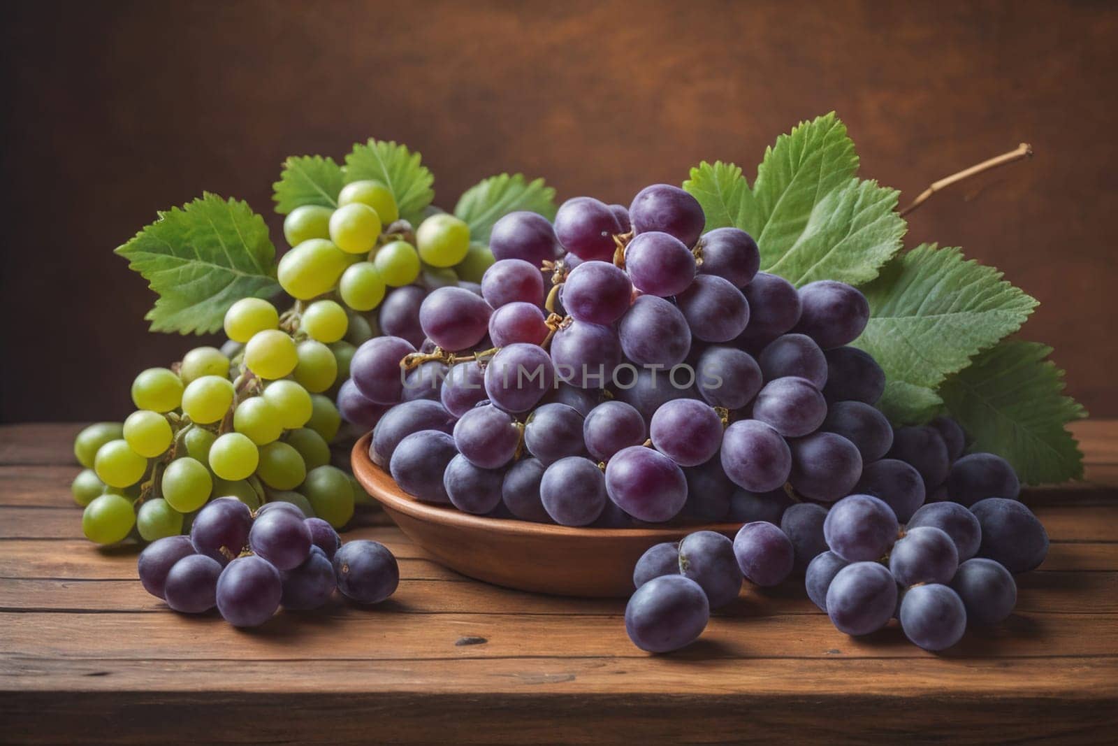 Bunch of fresh grapes on wooden table. Vintage style toned picture. ai generative