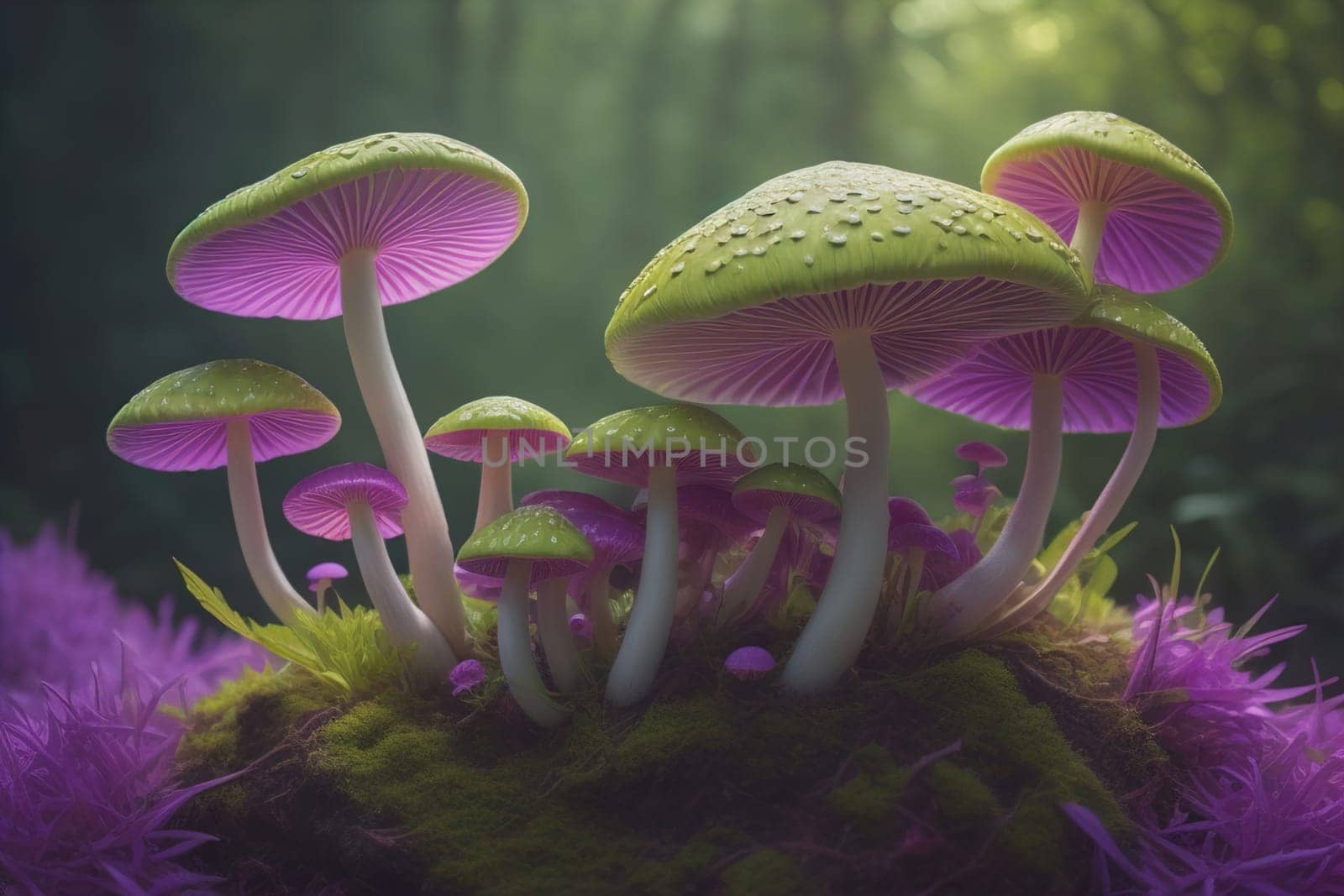 Mushrooms on a solid color background with green moss and water drops. generative ai