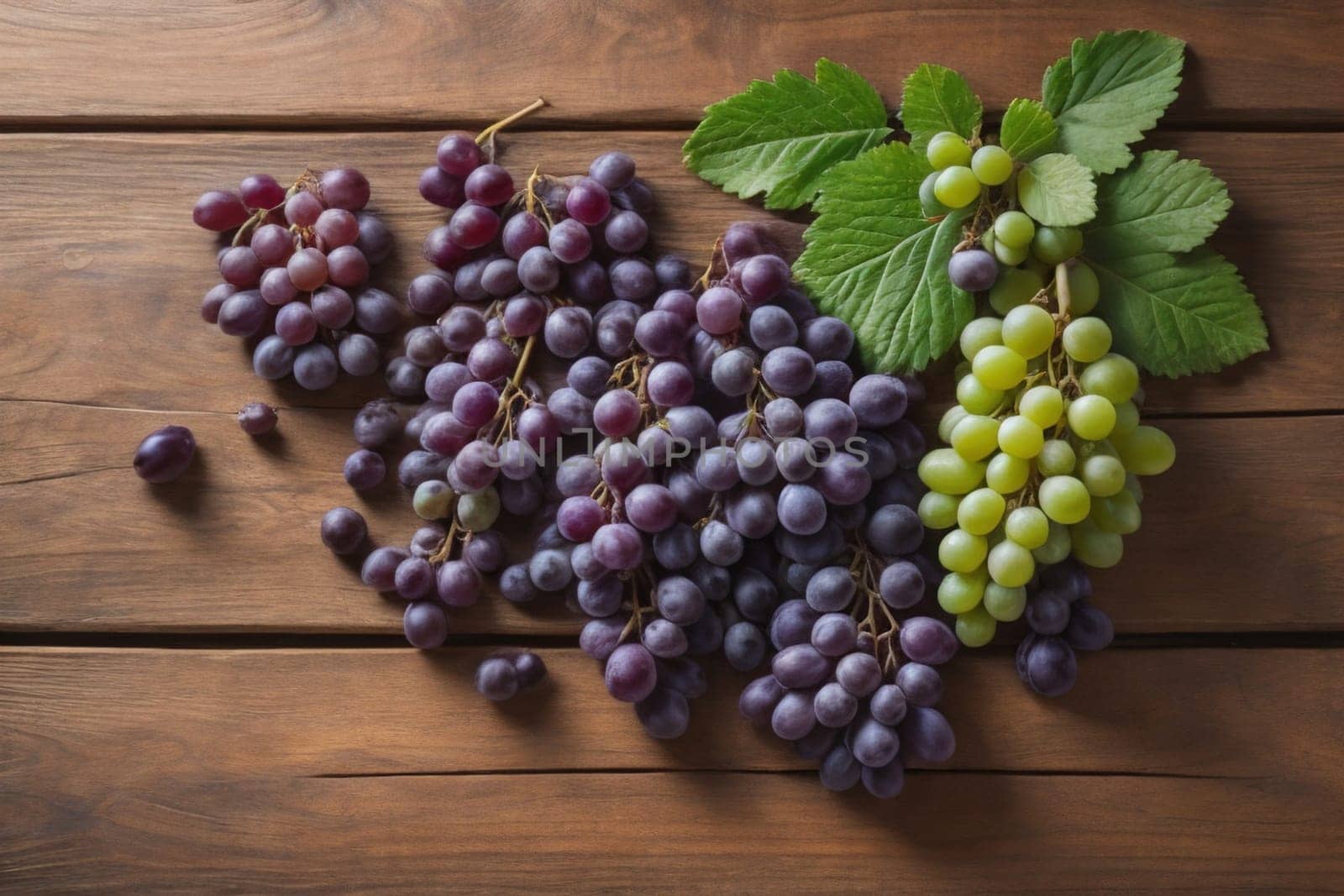 Bunch of fresh grapes on wooden table. Vintage style toned picture. ai generative by sanisra