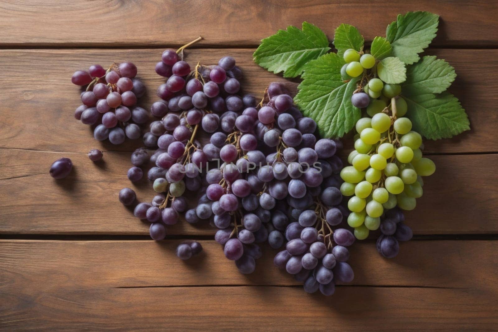 Bunch of fresh grapes on wooden table. Vintage style toned picture. ai generative