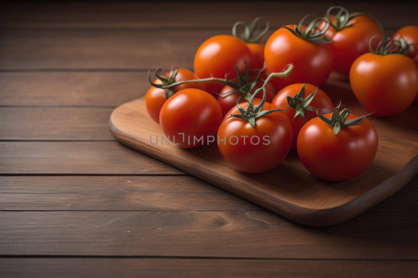 Tomatoes on a wooden table on a dark background. ai generative