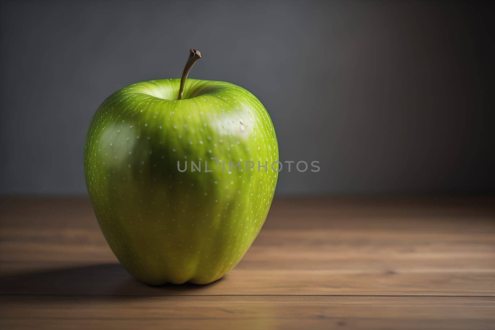 Green apple on a wooden table with dark background, shallow depth of field. The concept of healthy eating. ai generative