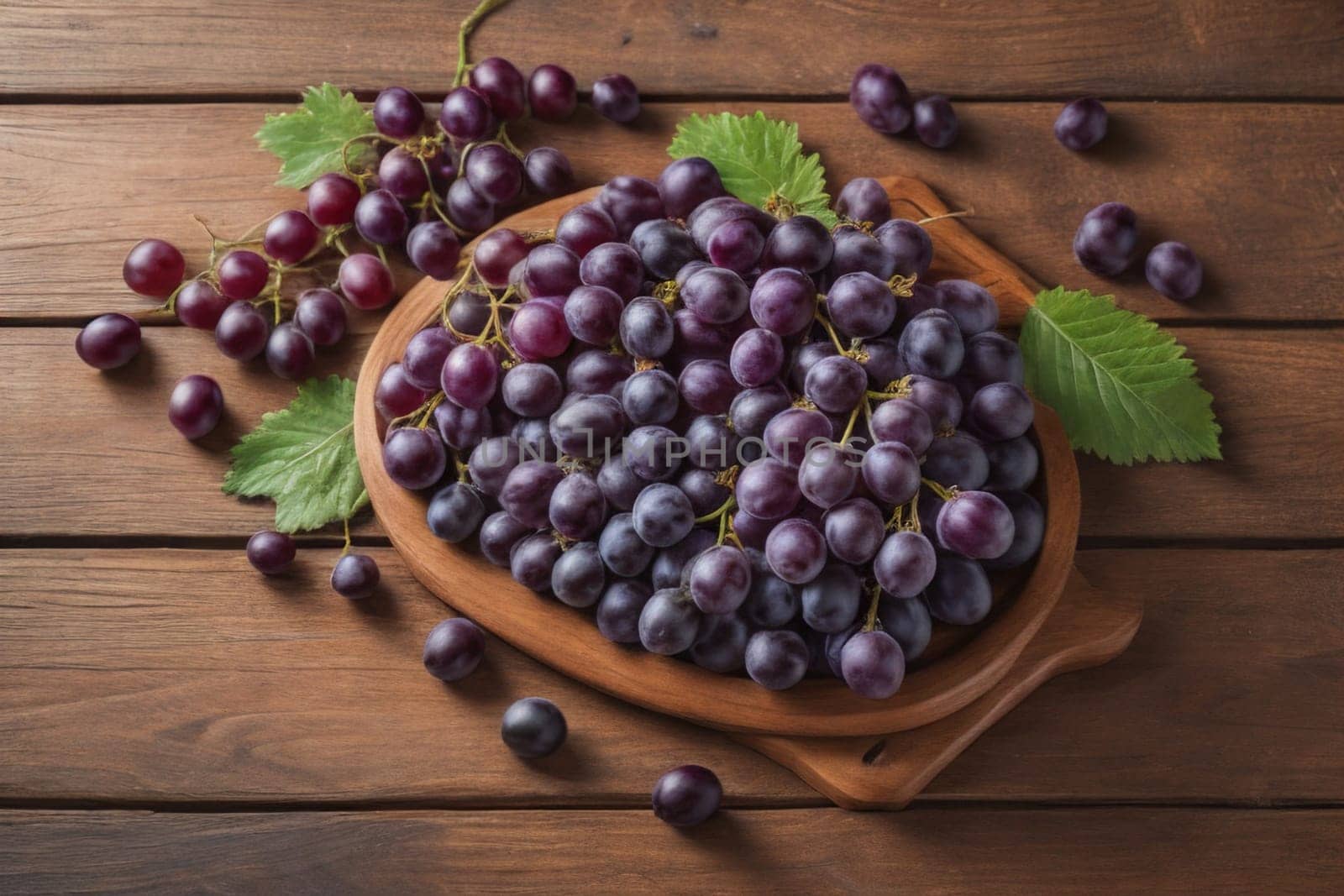 Bunch of fresh grapes on wooden table. Vintage style toned picture. ai generative by sanisra