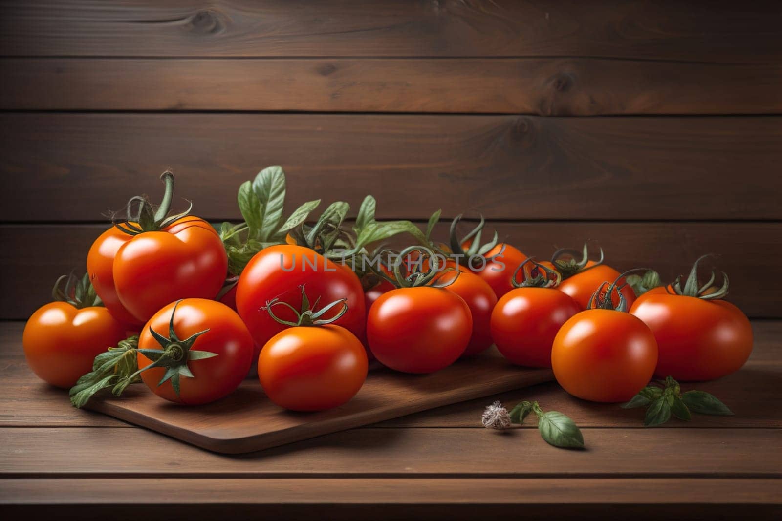 Tomatoes on a wooden table on a dark background. ai generative by sanisra