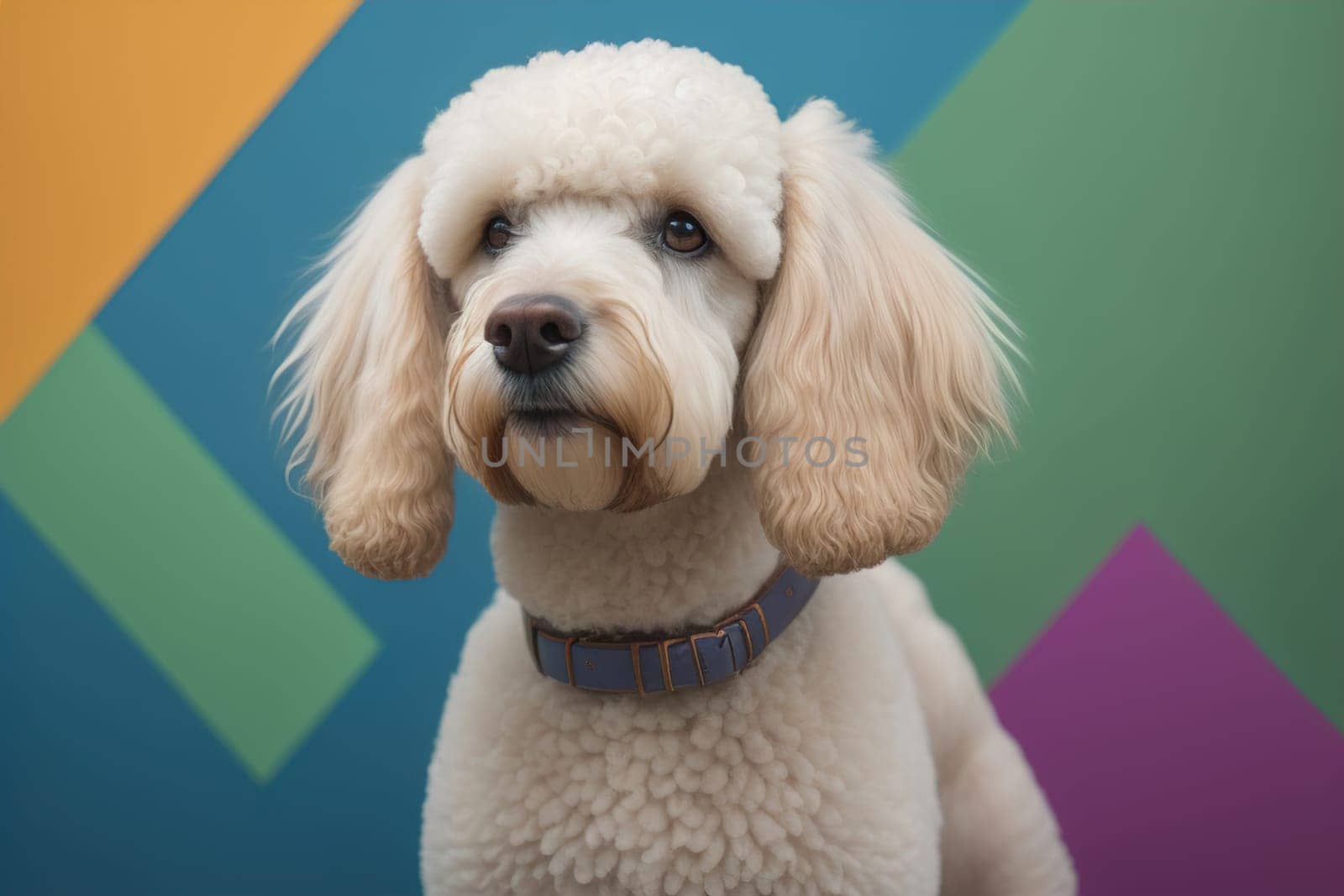 Close-up portrait of a poodle dog on a solid color background. ai generative by sanisra