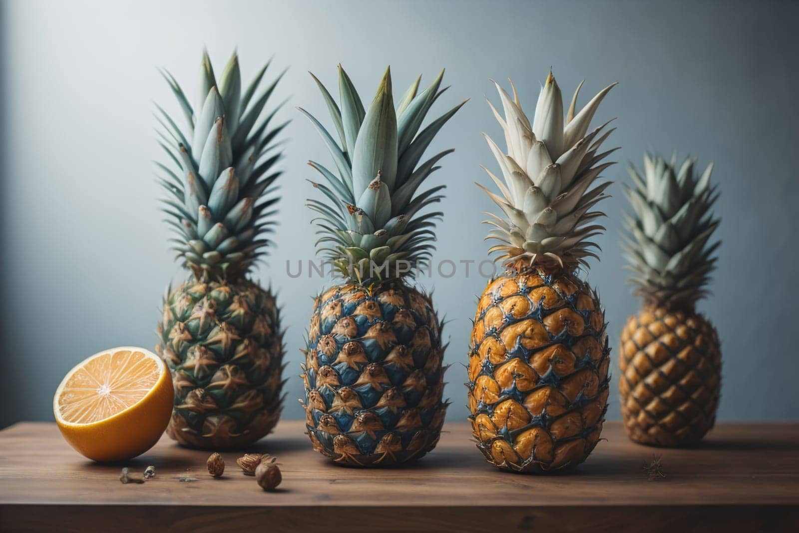 Pineapples on a wooden background. ai generative