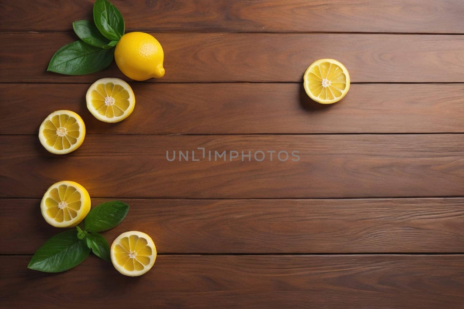 Lemon and slice of lemon on wooden background. Top view. ai generative by sanisra