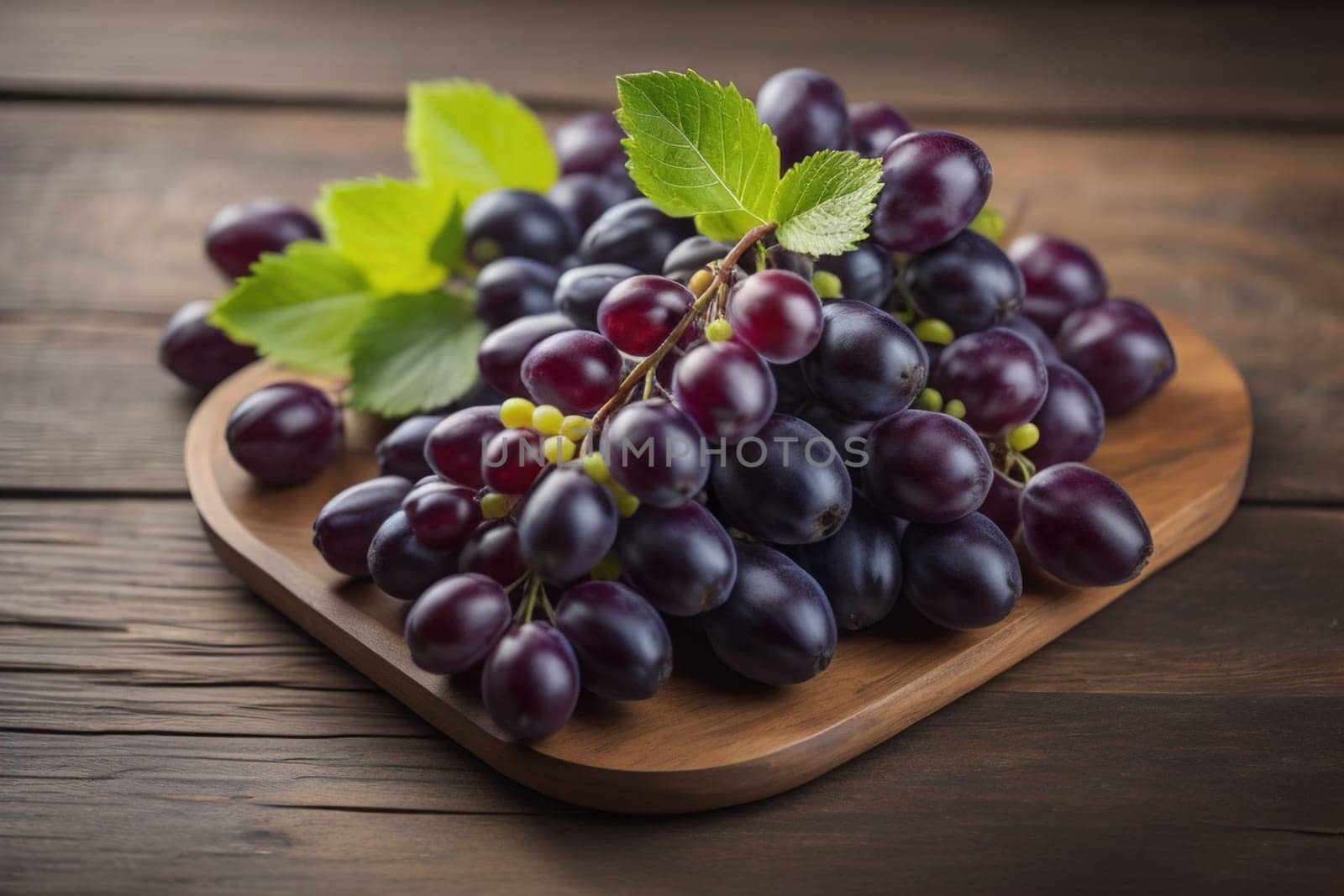 Bunch of fresh grapes on wooden table. Vintage style toned picture. ai generative