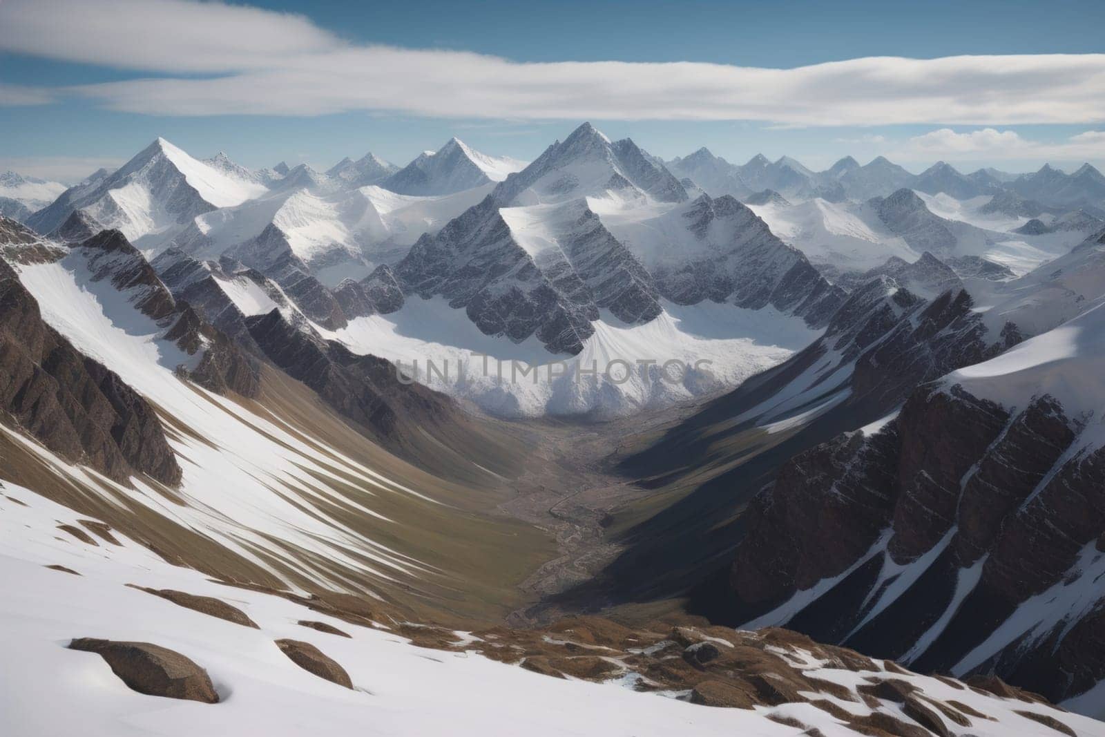 Mountains and snow-capped peaks of the Caucasus Mountains. ai generative by sanisra