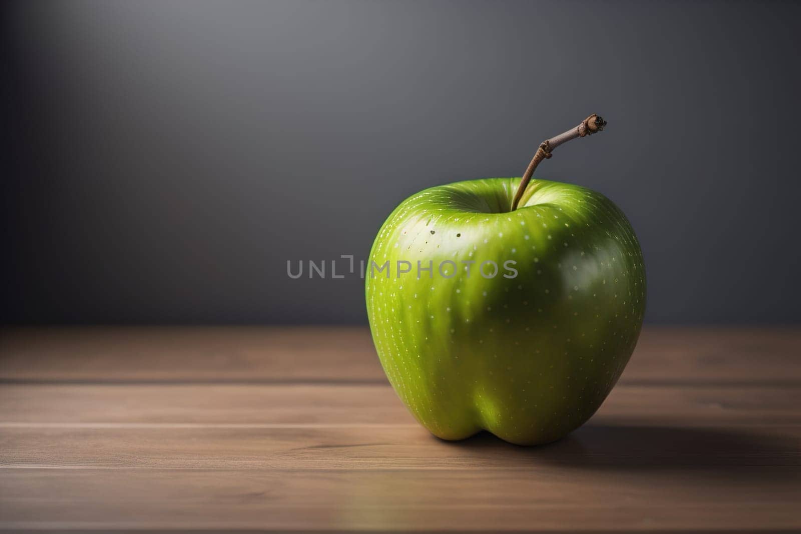Green apple on a wooden table with dark background, shallow depth of field. The concept of healthy eating. ai generative by sanisra