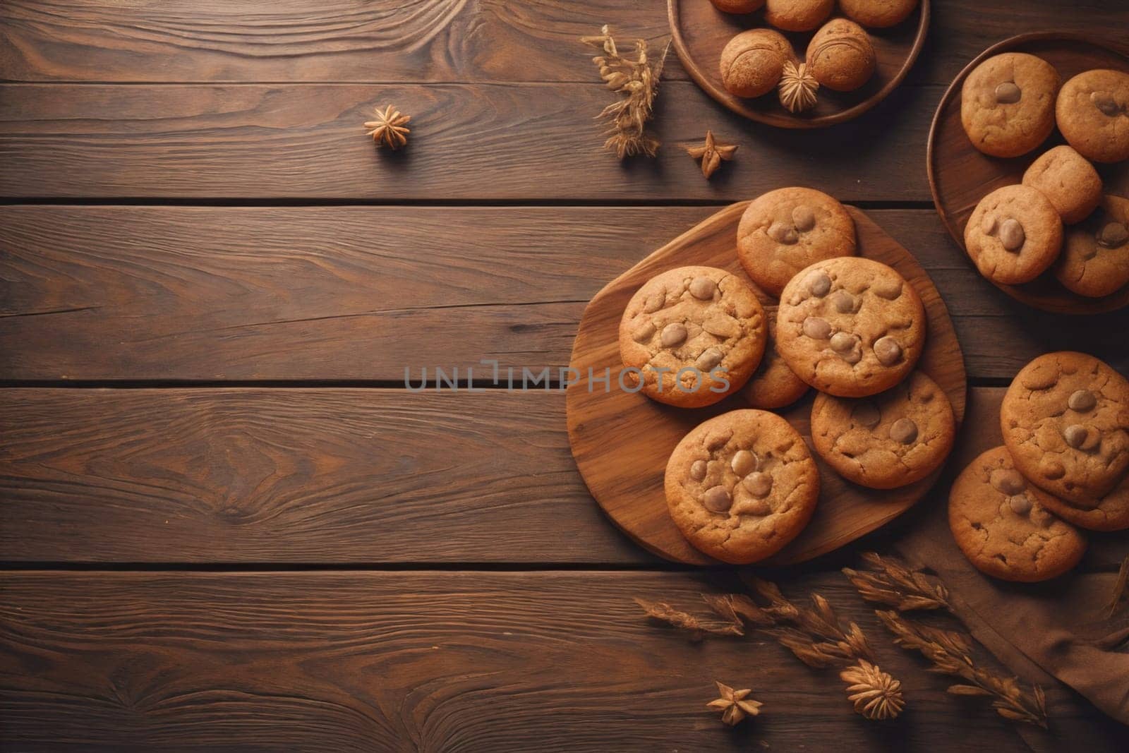 Cookies on a wooden table. Top view. ai generative