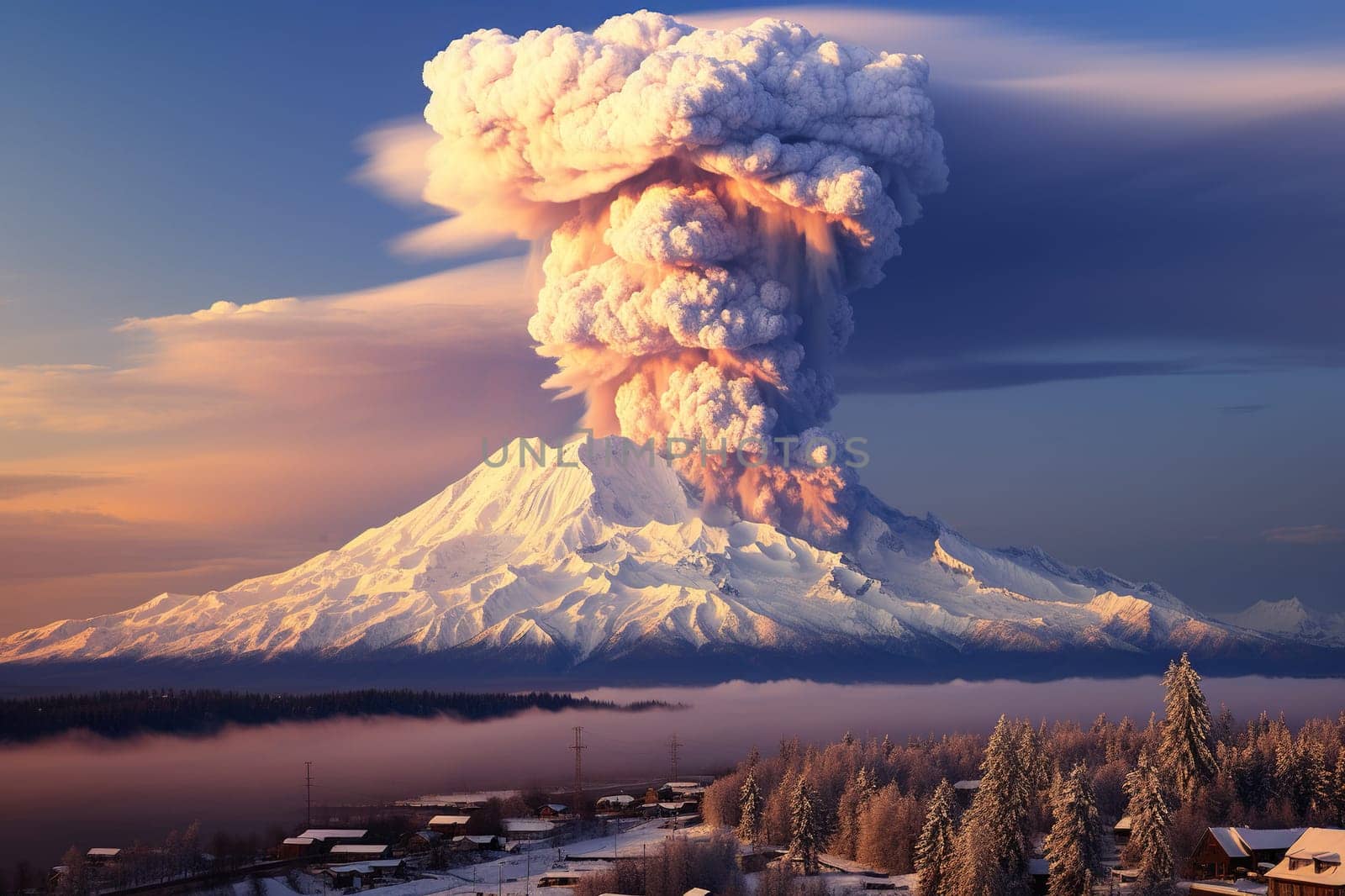 Volcanic eruption in snowy mountains.