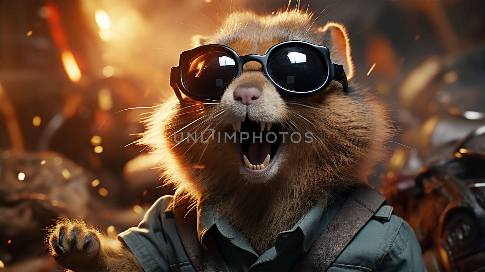 Hamster in sunglasses on background of fire by kuprevich