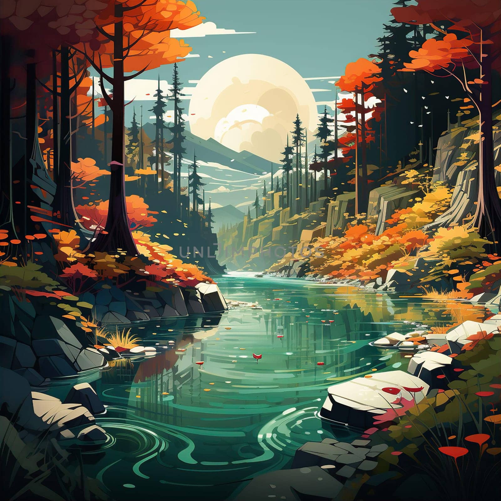 Moon and mountains near river in forest in autumn picture. Beautiful nature. AI generated