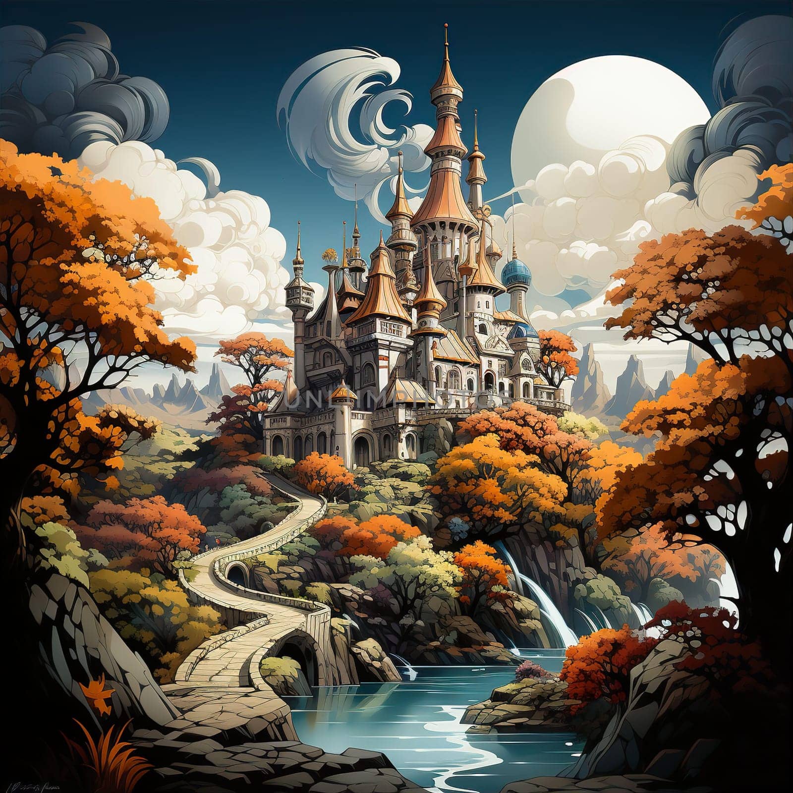 Beautiful fairytale castle among autumn trees and sky. Fairy tale and animation concept. AI generated