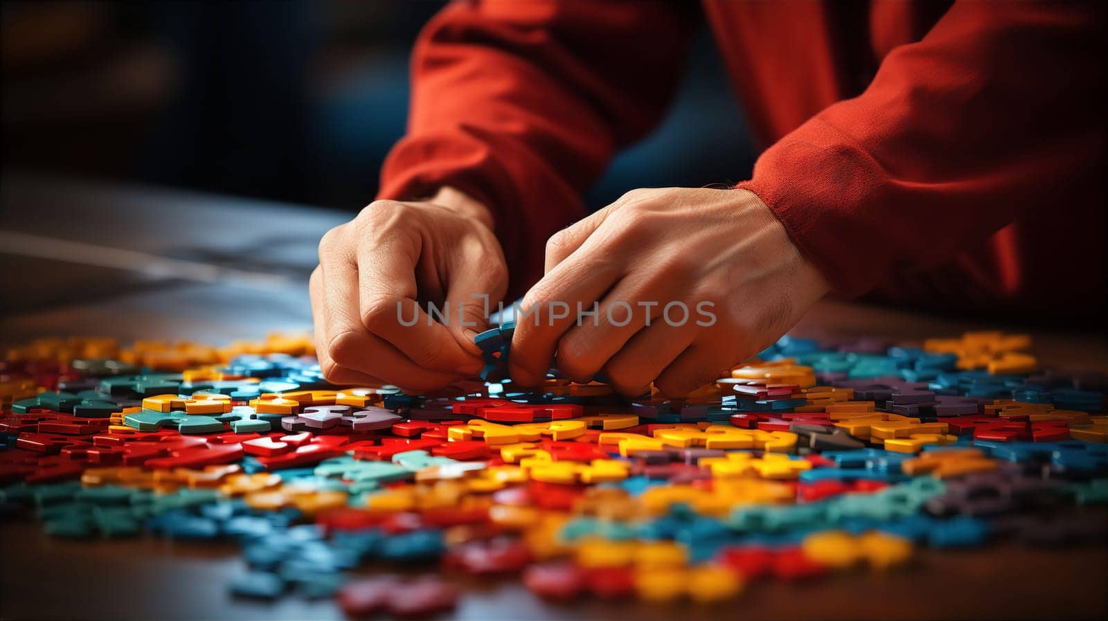 Child hands folding multicolored puzzle at table closeup by kuprevich