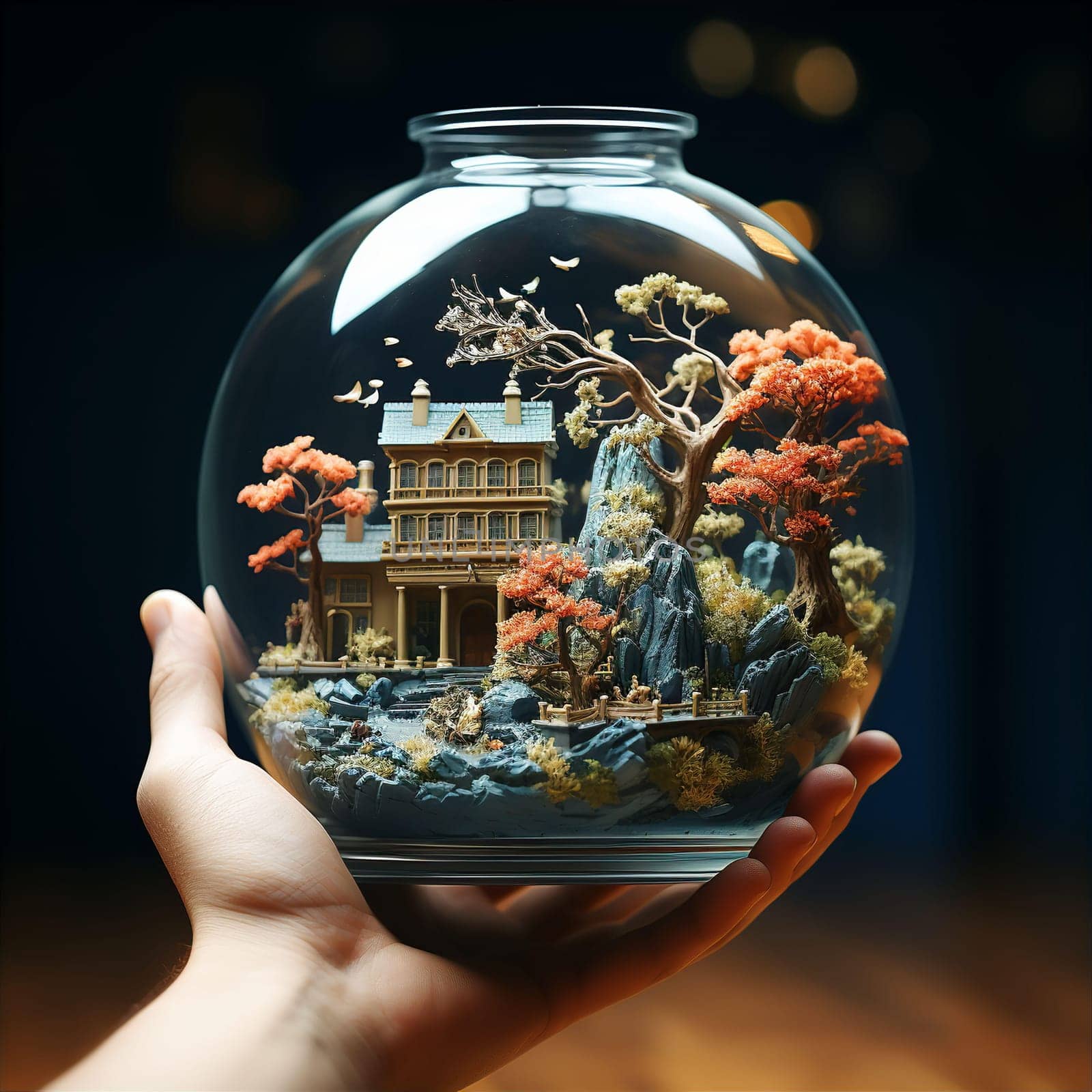 Glass jar with beautiful toy house and trees in hand by kuprevich