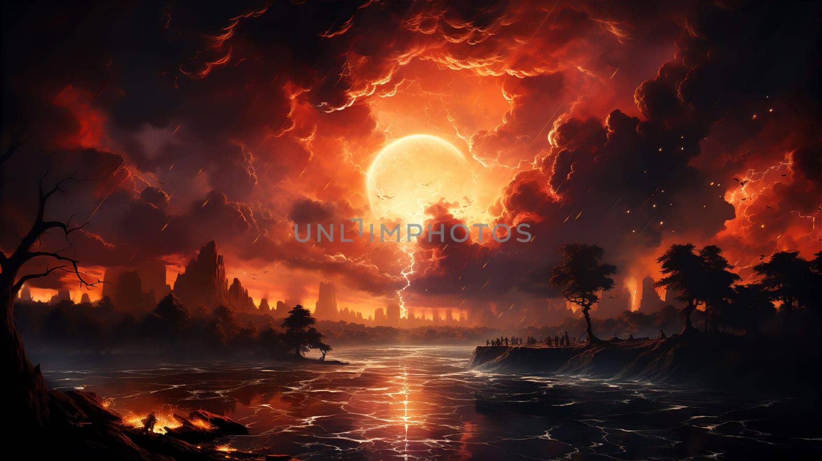 Night city against the backdrop of column of fire from explosion. War and end of world concept. AI generated