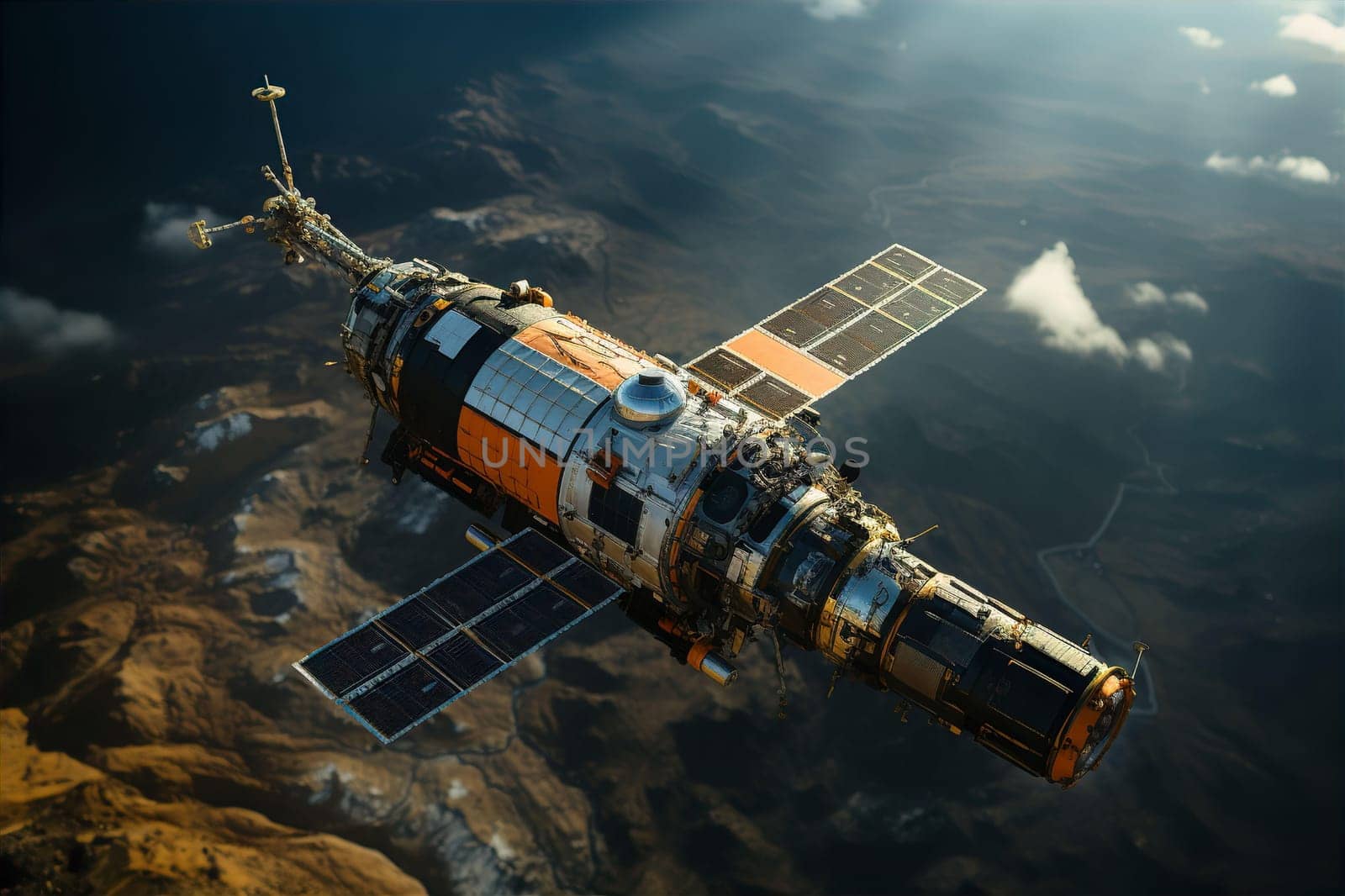 International orbital space station in orbit of planet earth. New space technology concept. AI generated
