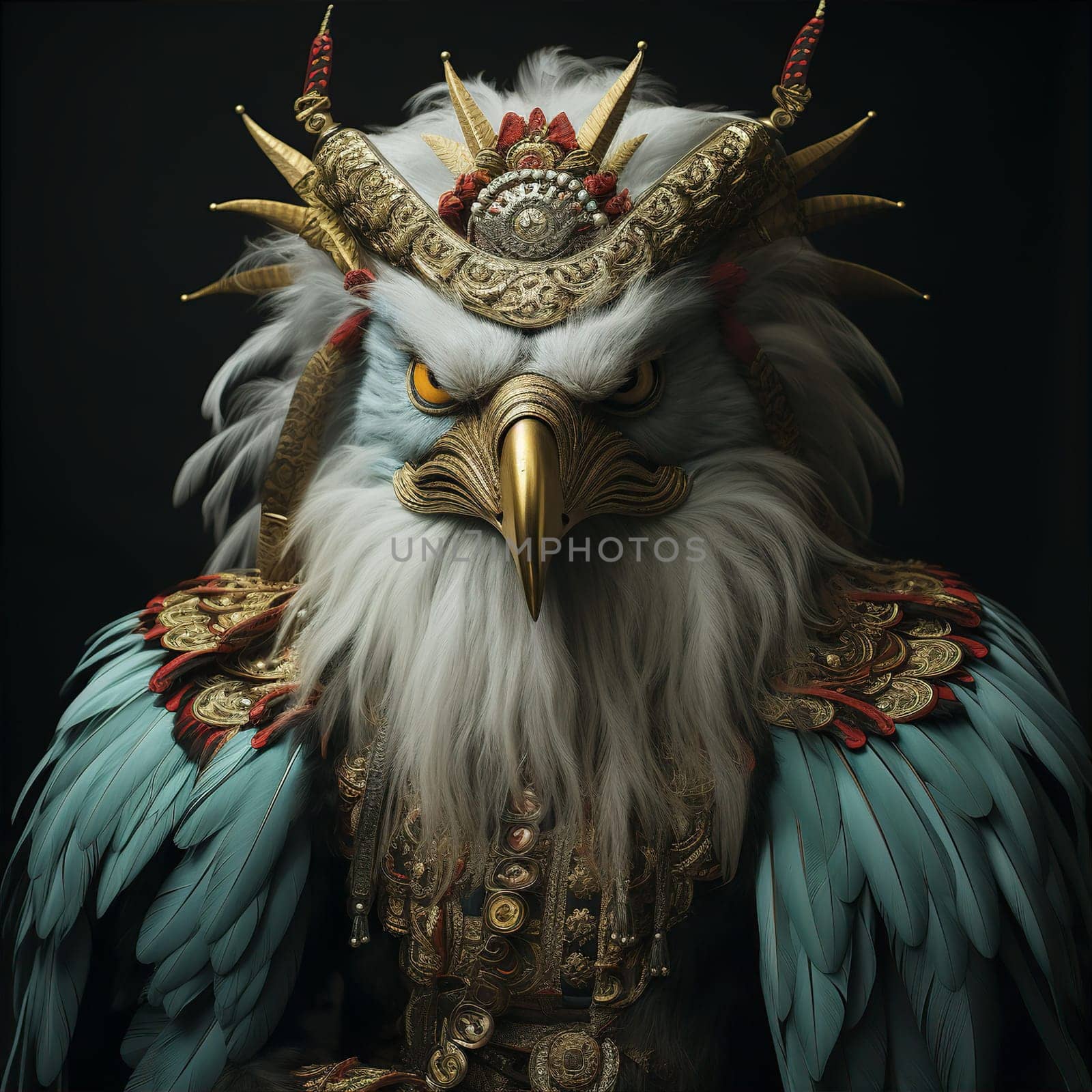 Bird eagle with crown and order on head on black background. Royal character and disposition concept. AI generated