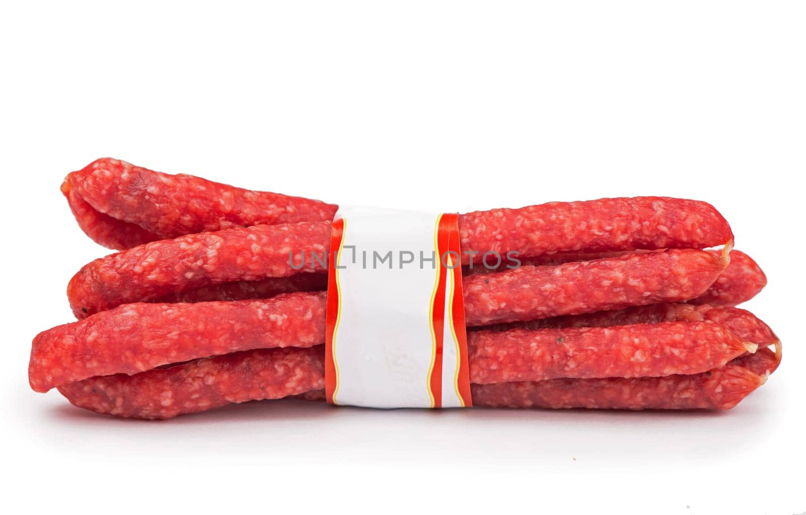 Smoked sausage, hunting sausage. Meat product . Photo of the concept of pricing, cost, discounts, supermarket operating ideas by aprilphoto