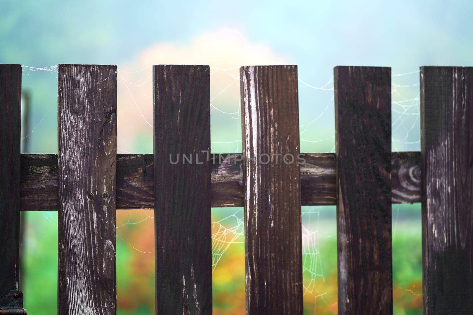 village fence. Wooden fence barrier at farm grounds for cattle and territory protection by aprilphoto