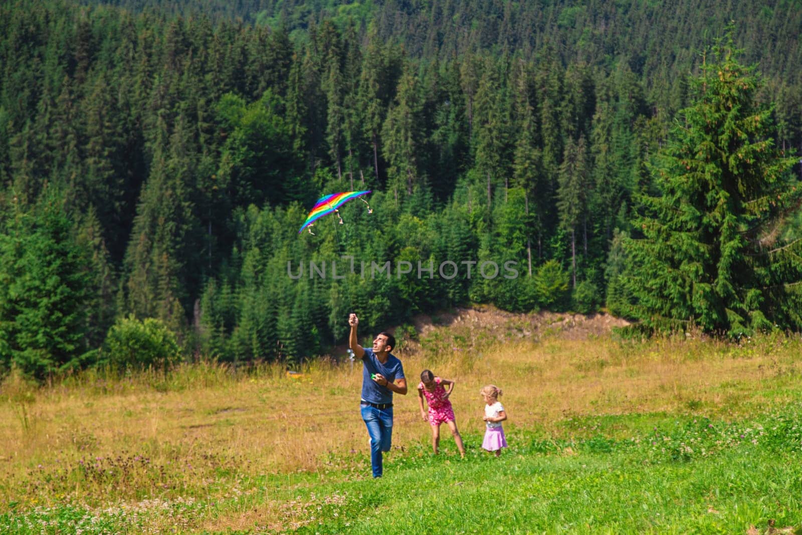 A family flies a kite in nature. Selective focus. by yanadjana
