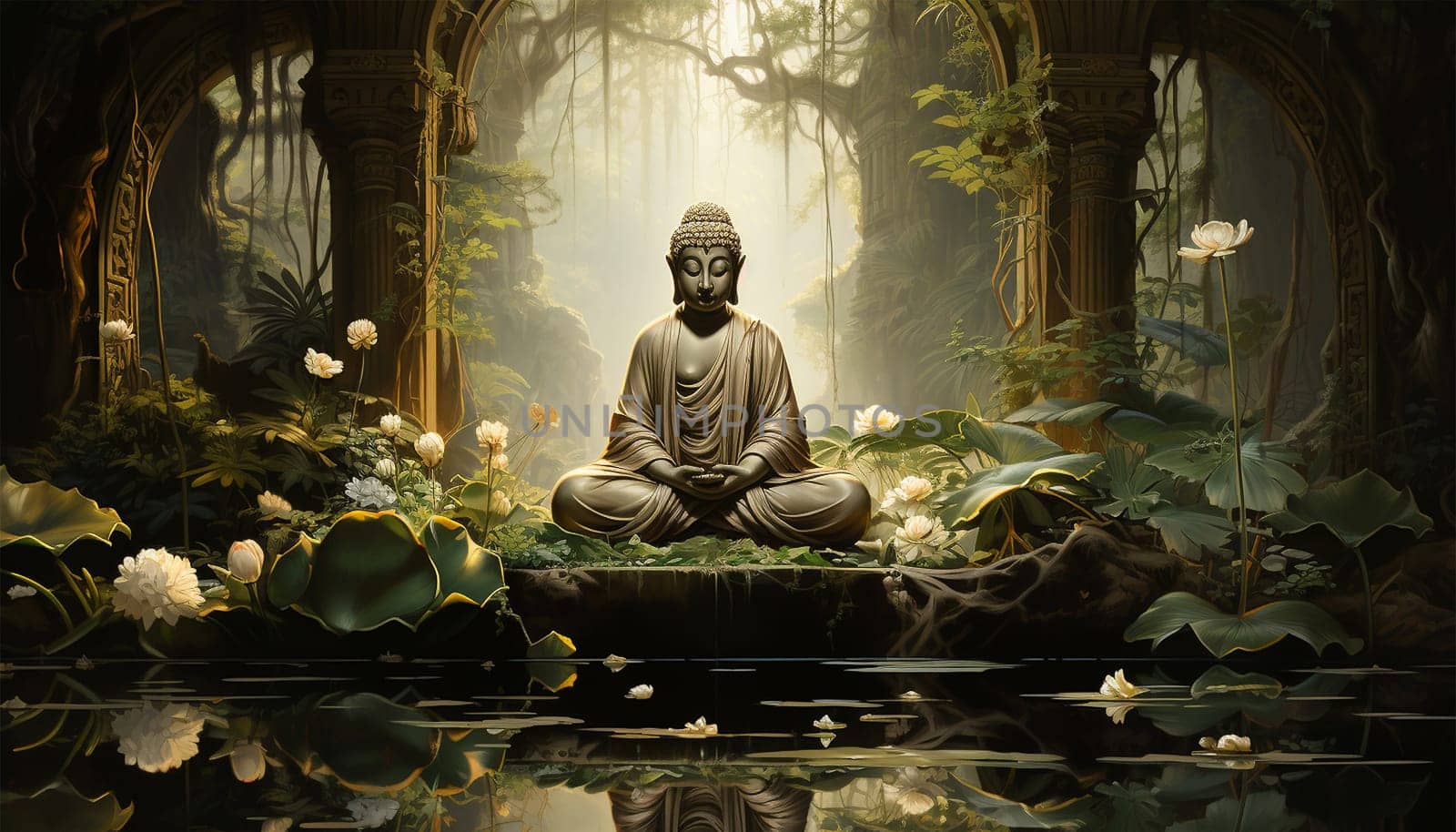 Buddha statue in buddhist temple. meditating buddah statue. illustration Buddhism background, by Annebel146