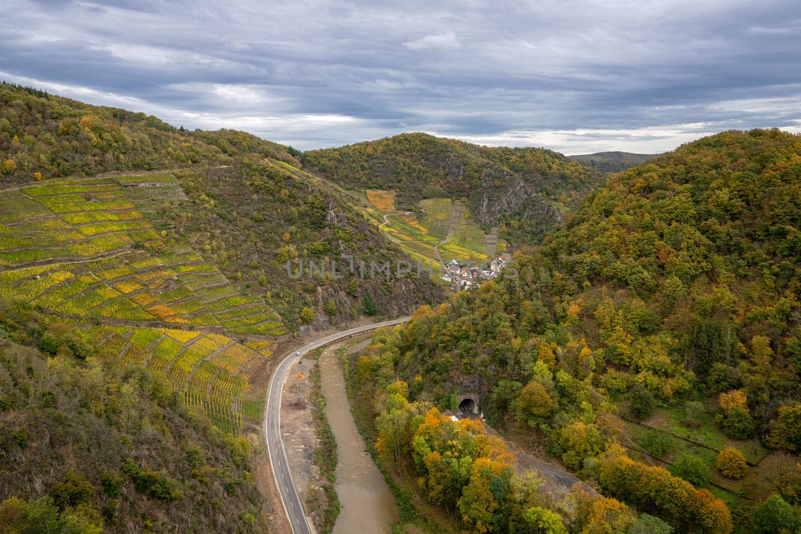 Panoramic image of vinyard during autumn, Ahr, Rhineland-Palatinate, Germany