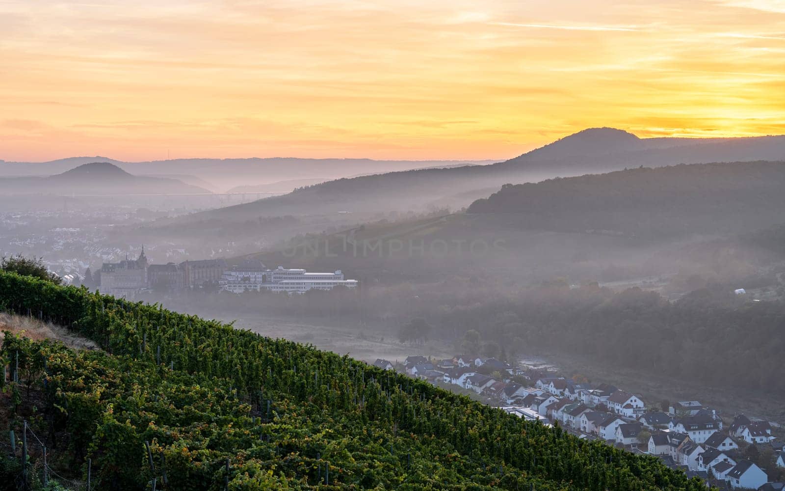 Panoramic image of Bad Neuenahr during sunrise, Ahr, Rhineland-Palatinate, Germany