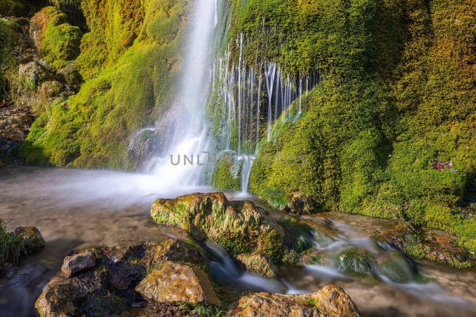 Panoramic image of Three Mills Waterfall, Eifel, Rhineland-Palatinate, Germany