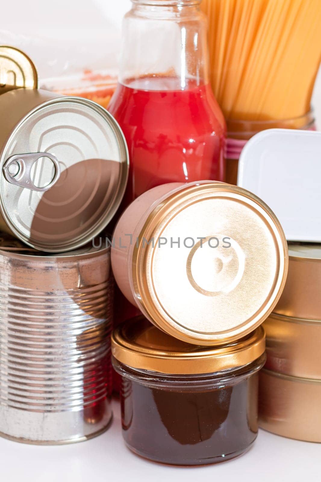 Food Reserves: Canned Food, Spaghetti, Tomato Juice, Pasta and Grocery. Emergency Food Storage in Case of Crisis. Strategic Food Supplies