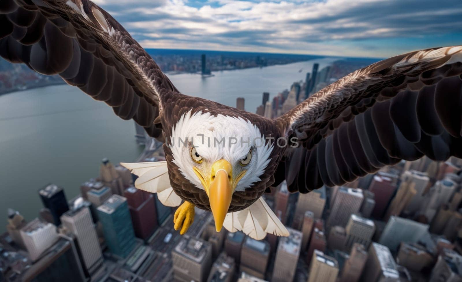 A bald eagle soars over city buildings. The bald eagle is the national symbol of the United States.