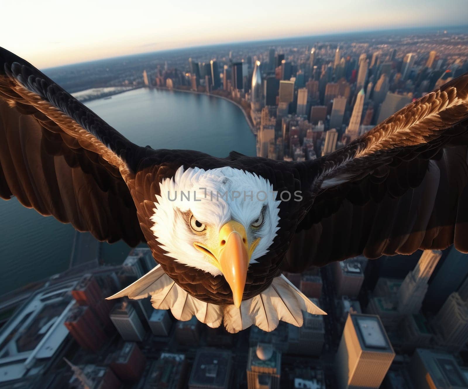 A bald eagle soars over city buildings. The bald eagle is the national symbol of the United States.