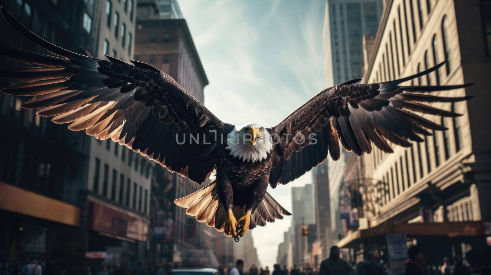 A bald eagle soars over city buildings. The bald eagle is the national symbol of the United States.