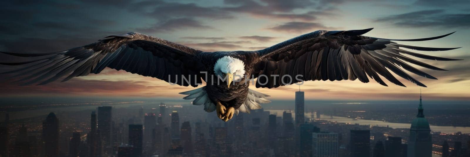 A bald eagle soars over city buildings. The bald eagle is the national symbol of the United States.