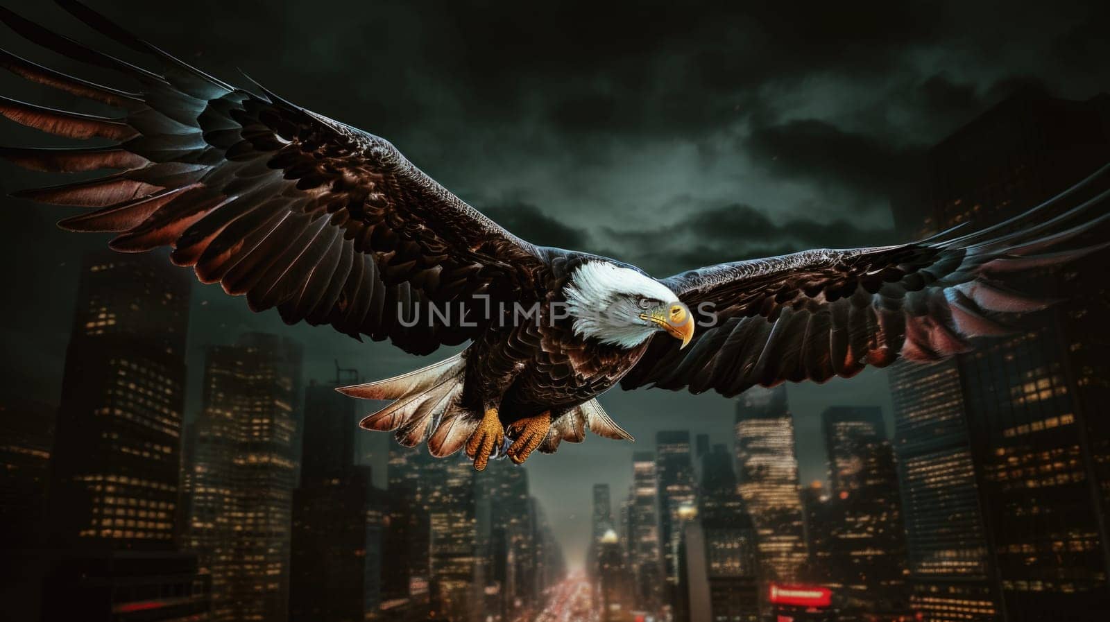 A bald eagle soars over city buildings. The bald eagle is the national symbol of the United States.