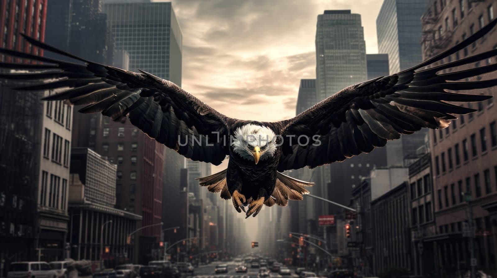 A bald eagle soars over city buildings. The bald eagle is the national symbol of the United States.