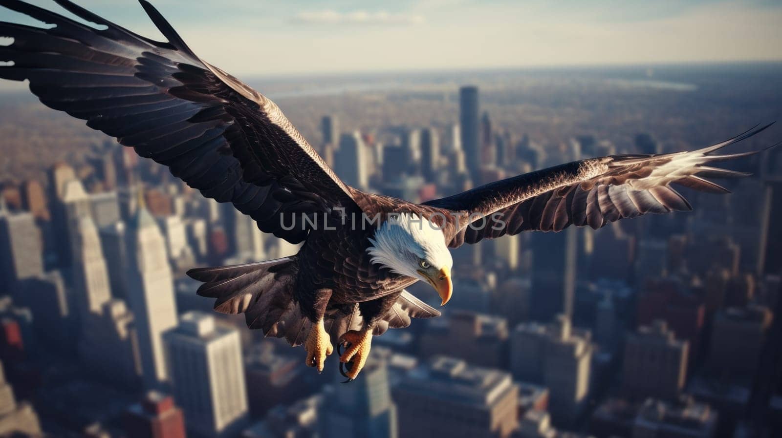 A bald eagle soars over city buildings. The bald eagle is the national symbol of the United States.