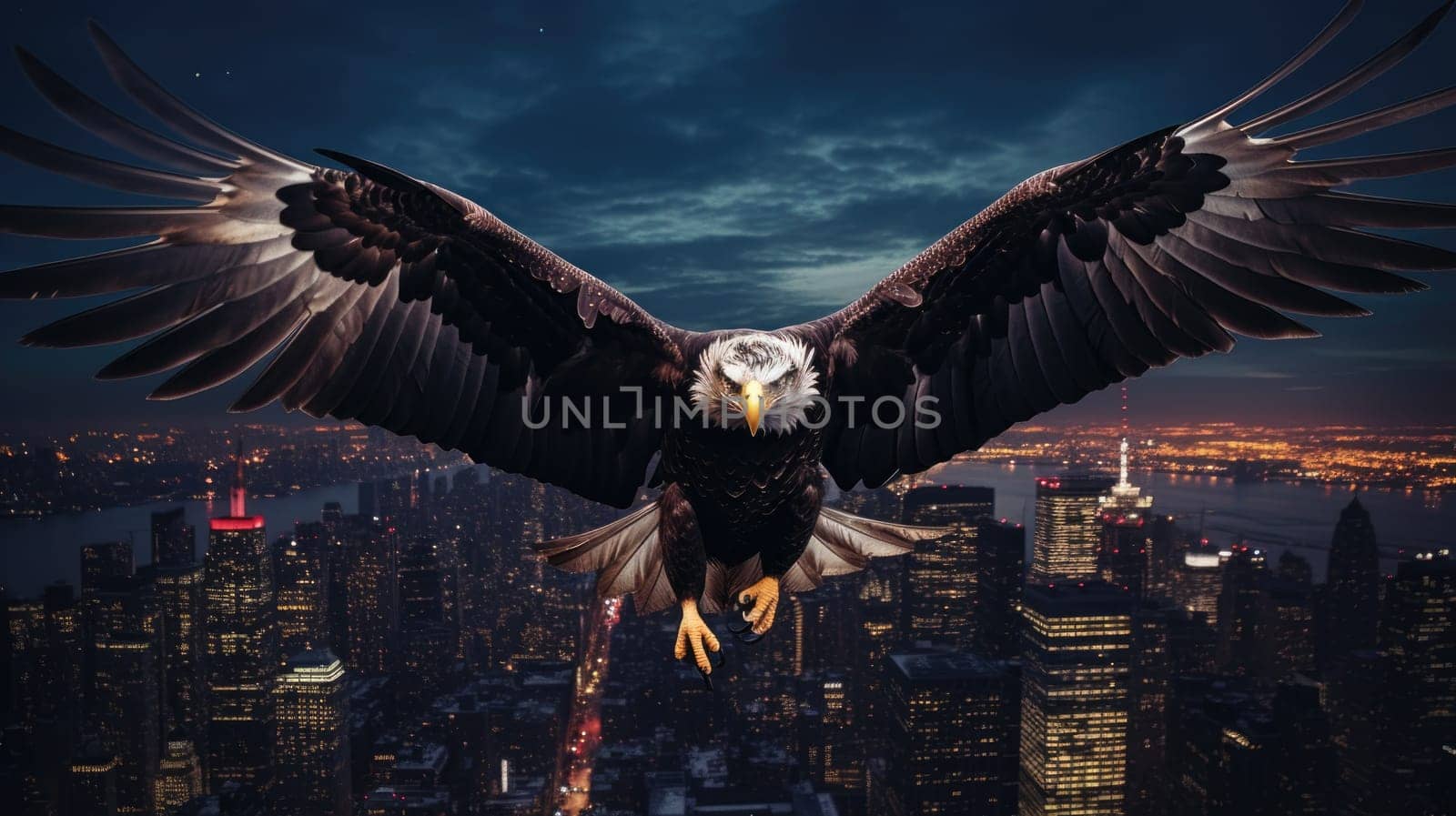 A bald eagle soars over city buildings. The bald eagle is the national symbol of the United States.