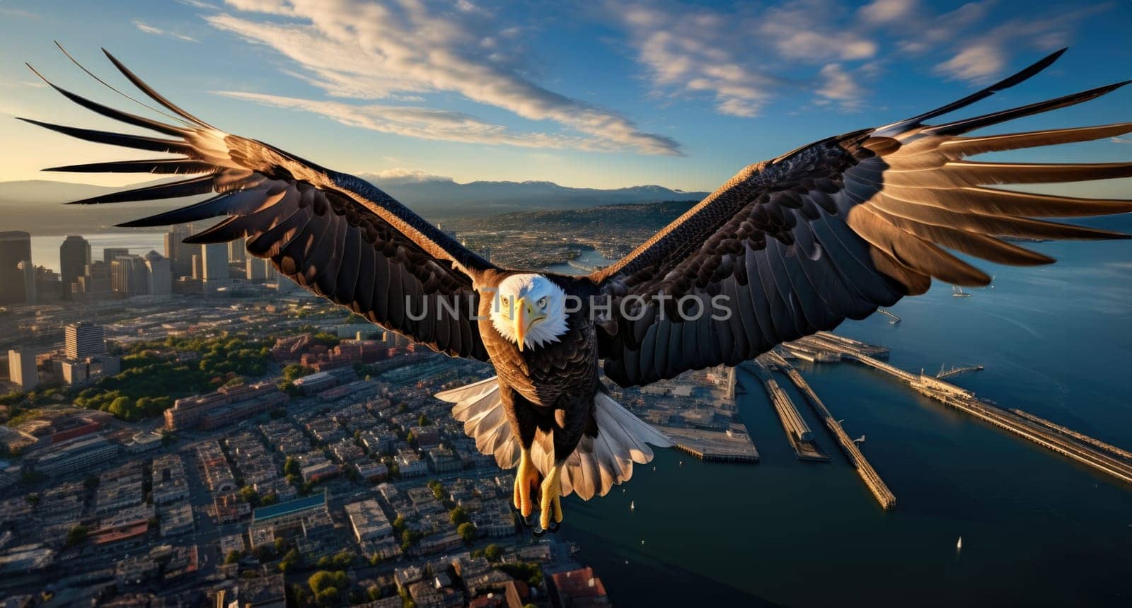 A bald eagle soars over city buildings. by palinchak