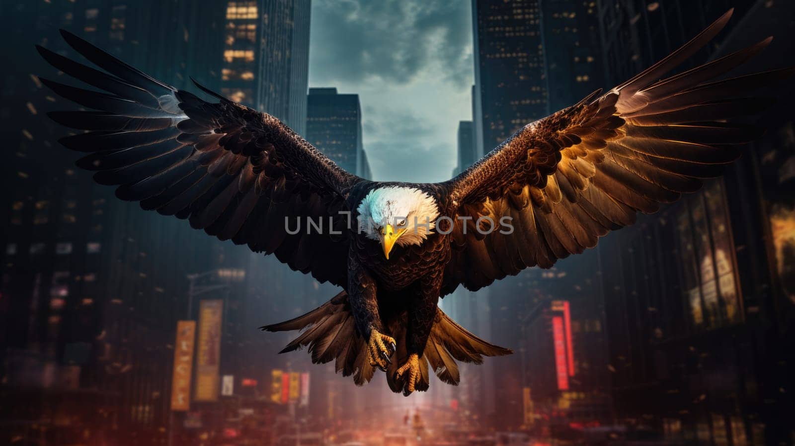 A bald eagle soars over city buildings. The bald eagle is the national symbol of the United States.