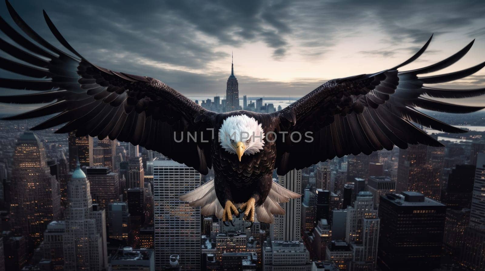 A bald eagle soars over city buildings. The bald eagle is the national symbol of the United States.