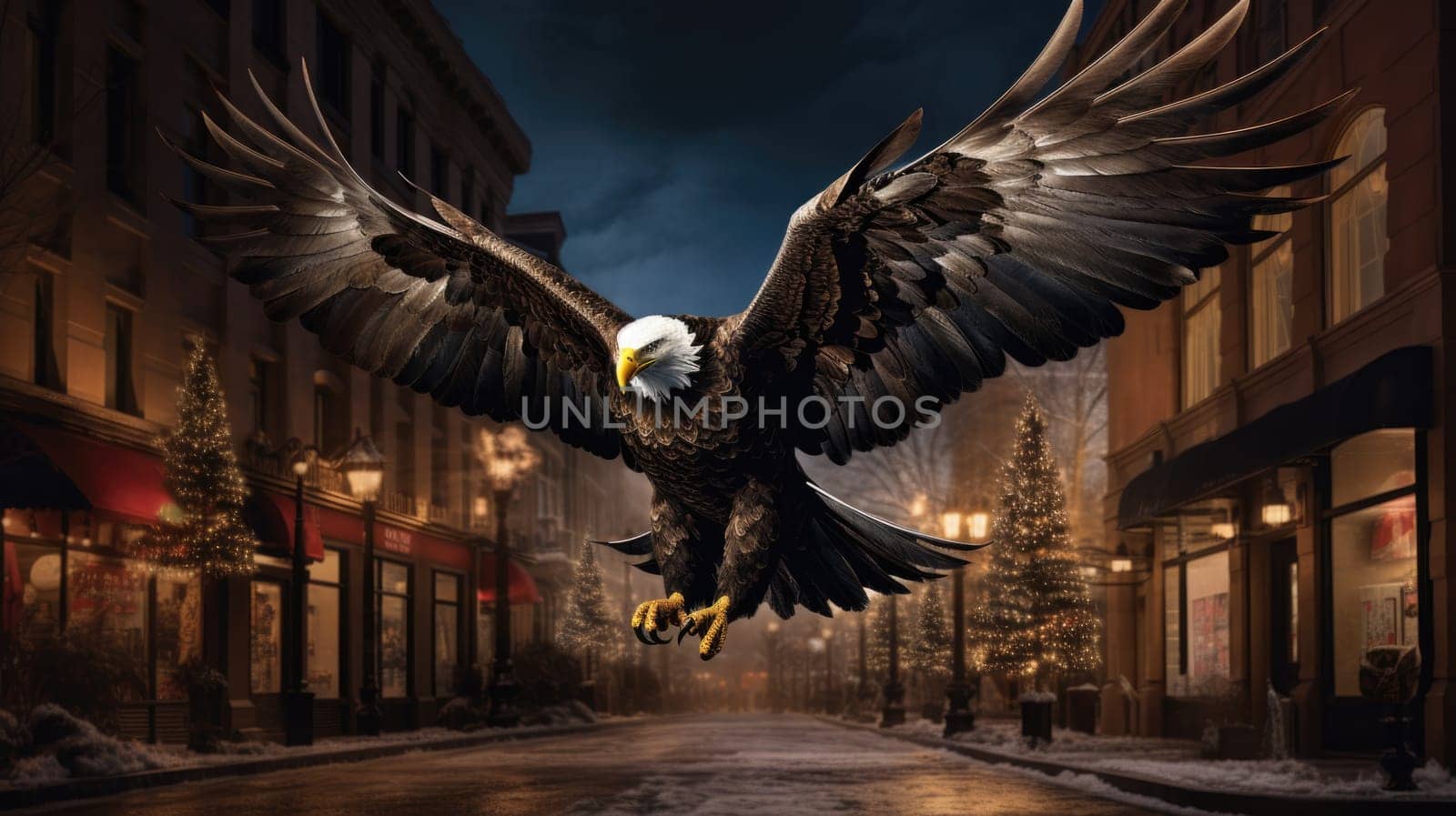 A bald eagle soars over city buildings. The bald eagle is the national symbol of the United States.