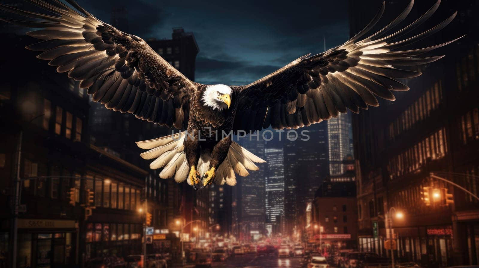 A bald eagle soars over city buildings. The bald eagle is the national symbol of the United States.