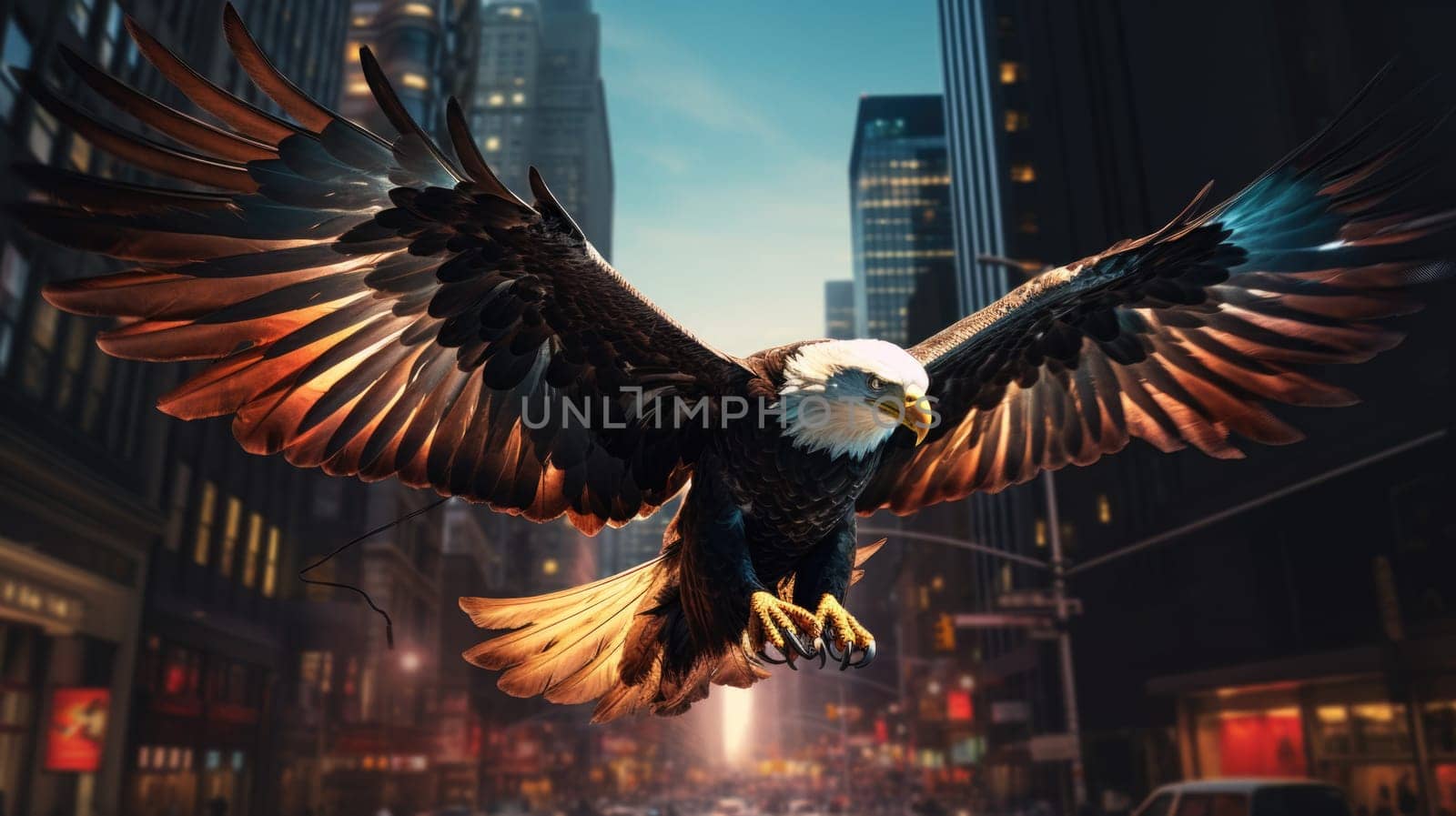 A bald eagle soars over city buildings. The bald eagle is the national symbol of the United States.