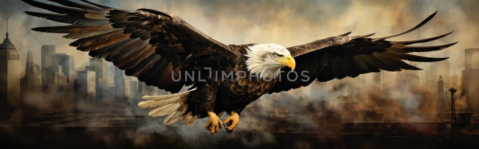 A bald eagle soars over city buildings. The bald eagle is the national symbol of the United States.