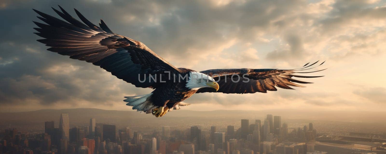 A bald eagle soars over city buildings. by palinchak
